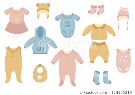 A set of clothes for babies. Fashionable clothes for girls and boys. Vector illustration. A set of clothes for babies. Fashionable clothes for girls and boys. Vector illustration. 114355219