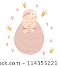 Vector illustration of a child on white background. Girl wrapped in a cocoon. For postcards, stickers, stickers, tags, posters.  114355221