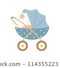 Baby stroller for a newborn baby. Vector illustration on white background for design of postcards, posters, stickers, stickers. 114355223