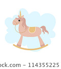 Baby toy for baby girl. Unicorn rocking. Vector illustration for design cards, posters, stickers, stickers. 114355225