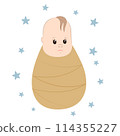 Vector illustration of a baby boy on white background. Boy wrapped in a cocoon. For postcards, stickers, stickers, tags, posters. 114355227