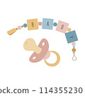 Pacifier and pacifier holder. Vector illustration on white background for design of postcards, posters, stickers, stickers. 114355230