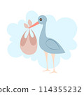 Stork brought a newborn baby. Vector illustration on white background for design of cards, posters, stickers, stickers. 114355232