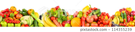 Collage healthy fresh fruits and vegetables isolated on white background. Collage healthy fresh fruits and vegetables isolated on white background. 114355239
