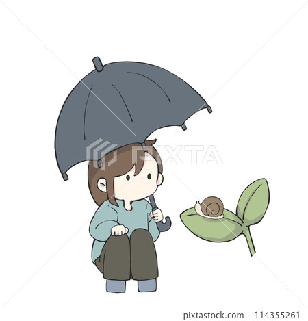 A girl holding an umbrella and looking at a snail 114355261