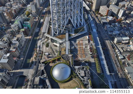 Nov 30 2023 bustling city with skyscrapers, Exterior view of Oshiage district 114355313