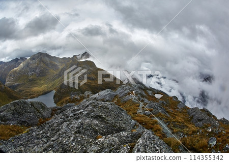 High mountain hiking trail on Routeburn track High mountain hiking trail on Routeburn track 114355342