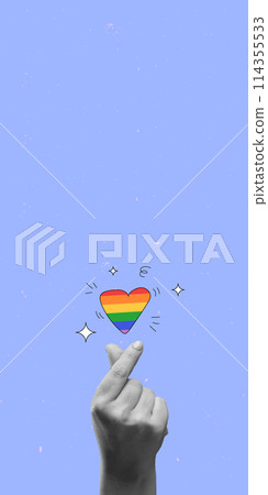 Monochrome hand showing love symbol with rainbow colors heart shape against purple background. Contemporary art collage. 114355533