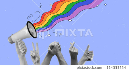 Megaphone with rainbow appearing and raised human hands showing support to LGBT community against purple background. Contemporary art collage. 114355534