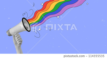Monochrome hand holding megaphone with rainbow appearing symbolizing freedom of love and LGBT rights. against purple background. Contemporary art collage. 114355535