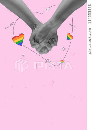 Monochrome hands holding over rainbow heart, symbol of LGBTQIA against pink background. Contemporary art collage. 114355538