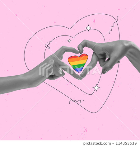 Human hands forming heart shape with rainbow heart symbol inside against pink background. Contemporary art collage. Human hands forming heart shape with rainbow heart symbol inside against pink background. Contemporary art collage. 114355539