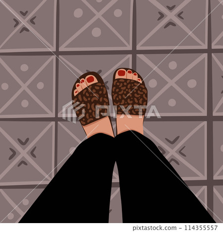 Legs selfie. Top view. Travel blogger legs selfie in shoes. Blogger lifestyle concept. Real estate vector concept, frames for social network. 114355557