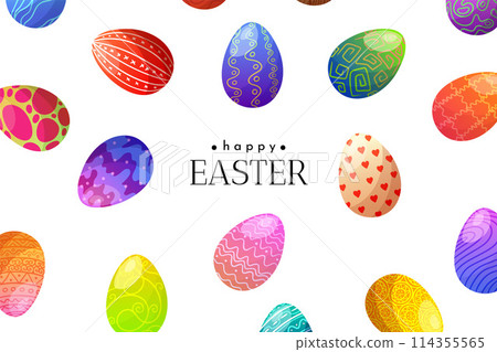 Happy Easter cartoon card with eggs. Holiday background. Composition of Easter eggs. Vector illustration EPS10 114355565
