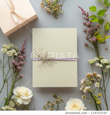 A neutral-toned card, tied with a lavender ribbon and adorned with a delicate feather, lies amongst a vibrant selection of wildflowers and an elegant gift box. Serene and organic elegance. A neutral-toned card, tied with a lavender ribbon and adorned with a delicate feather, lies amongst a vibrant selection of wildflowers and an elegant gift box. Serene and organic elegance. 114355597