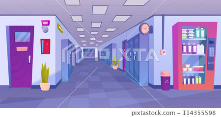 School hallway interior. University corridor interior design with classroom doors, lockers for students, vending machine with snacks. Education concept. School hallway interior. University corridor interior design with classroom doors, lockers for students, vending machine with snacks. Education concept. 114355598