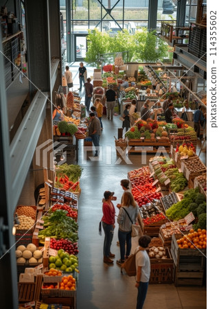 Overlooking an indoor market aisle, this image captures shoppers browsing through an array of vibrant fresh produce with an industrial-style architecture overhead.. 114355602