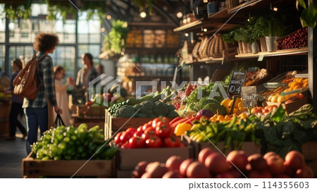 This image showcases a bustling outdoor market under a pergola, where vendors and shoppers engage amidst a fresh, locally-sourced selection of produce.. 114355603