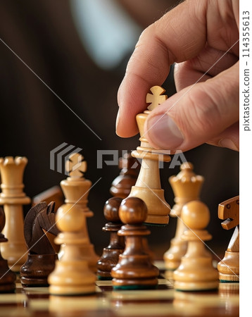 A player's hand is captured in the midst of a decisive chess move, symbolizing strategy and foresight in a competitive game.. 114355613