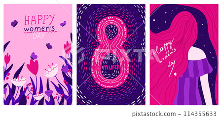 Set of Happy women's day greeting card. March 8 Holiday poster. 8 March posters design with lettering, womens, flowers and decorative elements. Set of Happy women's day greeting card. March 8 Holiday poster. 8 March posters design with lettering, womens, flowers and decorative elements. 114355633