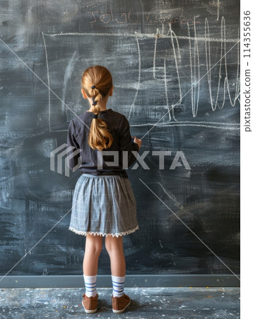 A girl stands in contemplation, gazing at the scribbled diagrams on a classroom blackboard. Her posture suggests deep thought and engagement with the subject.. 114355636