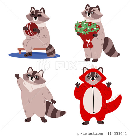 Cute cartoon raccoon set. Raccoon with Dexterous Front Paws and Ringed Tail. Emotion little raccoon. Cartoon animal character design. 114355641