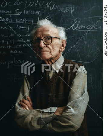 Professor with a lifetime of wisdom stands in a classroom, his confident presence contrasting with the whimsical chalk scribbles behind him. Symbolizes the enduring nature of education and mentorship. 114355642