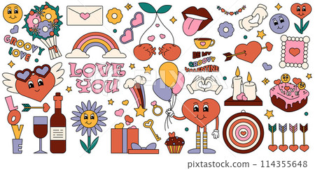 Retro Valentines day sticker. Cartoon groovy romantic elements, holiday hippy characters. 14 of February groovy fun illustrations. Cartoon romantic 60s, 70s vintage Happy Valentine's day stickers Retro Valentines day sticker. Cartoon groovy romantic elements, holiday hippy characters. 14 of February groovy fun illustrations. Cartoon romantic 60s, 70s vintage Happy Valentine's day stickers 114355648