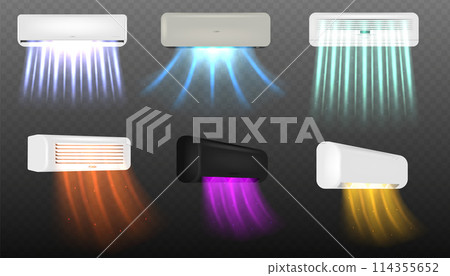 Air conditioners with flows of cold, hot and fresh clean air. Electronic device for monitoring the room temperature. Realistic air conditioning split system indoor Air conditioners with flows of cold, hot and fresh clean air. Electronic device for monitoring the room temperature. Realistic air conditioning split system indoor 114355652
