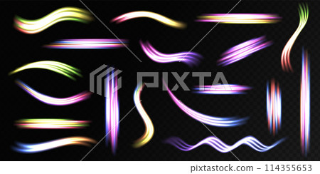 Futuristic neon light line trails. High speed effect motion blur night lights. Glowing wave swirl, impulse cable lines. Glowing speed lines. Light shining effect. Futuristic neon light line trails. High speed effect motion blur night lights. Glowing wave swirl, impulse cable lines. Glowing speed lines. Light shining effect. 114355653