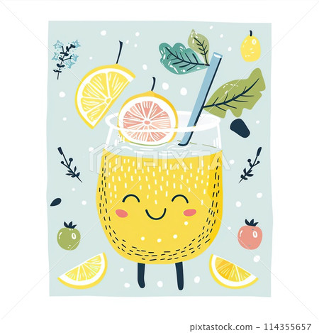 Cute lemonade in a glass with a straw and lemons. Hand drawn summer illustration. Cute lemonade in a glass with a straw and lemons. Hand drawn summer illustration. 114355657
