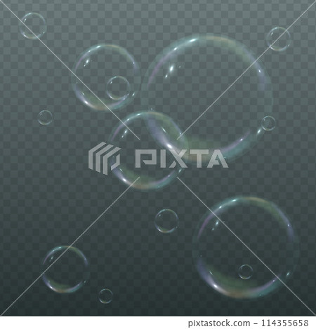 Realistic 3d soap bubbles with rainbow reflection. Bubbles are located on a transparent background. Vector flying soap bubble. Bubble Transparent realistic Water glass bubble Realistic 3d soap bubbles with rainbow reflection. Bubbles are located on a transparent background. Vector flying soap bubble. Bubble Transparent realistic Water glass bubble 114355658