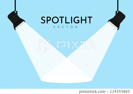 Lamp illumination icon in flat style. Spotlight vector illustration. Movie spotlight. Vector flat spotlight on blue background with space for text. 114355665