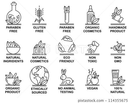 Organic cosmetics icons. No animal tested, natural icons vector set. Eco friendly cruelty free line badges for beauty products 114355675