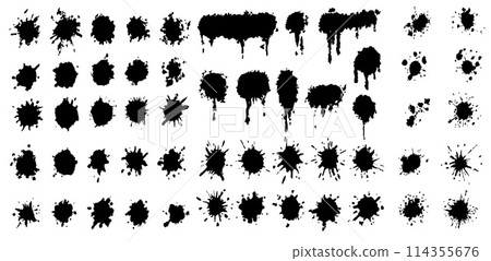 Drops and sprays of ink. Black paint splatters. Blotter spots, liquid paint drip drop splash and ink splatter. Artistic dirty grunge abstract spot vector set. 114355676