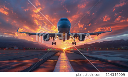 Large Jetliner Flying Through Cloudy Sky 114356009