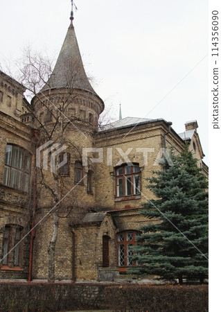 Historical houses on cobbled street in old town. The medieval architecture of small walkway in empty streets and alleys. Detail of buildings in narrow lane. Tallinn, Estonia - November 3, 2008 114356090