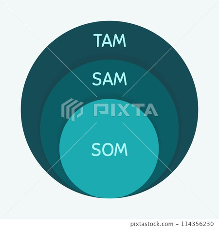 circles arranged in a row with the words "TAM", "SAM", and "SOM" written inside each circle, respectively. tam model. 114356230