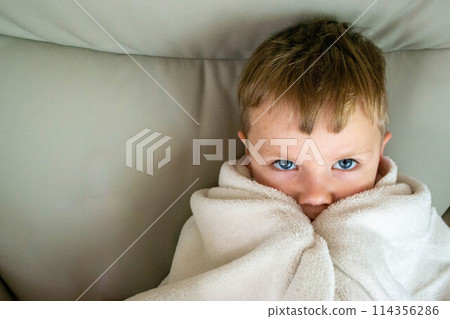 Cold season, a frozen preschool boy covered with warm plaid spend time at home, , winter family lifestyle. Power crisis concept, problem with heating. High quality photo Cold season, a frozen preschool boy covered with warm plaid spend time at home, , winter family lifestyle. Power crisis concept, problem with heating. High quality photo 114356286