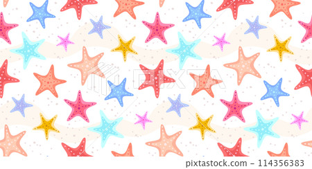 Colorful starfish, undersea concept seamless pattern. Summer, beach style concept design, 5 armed tentacles sea star print background design on sands 114356383