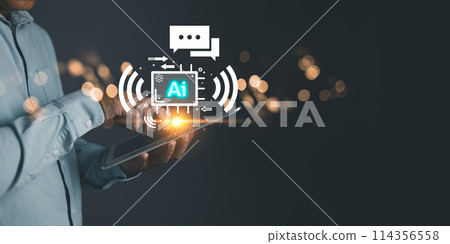 man holding command prompt ai chat. Big data storage.Digital Artificial Intelligence (AI) technology disruption concept. We are implementing storage technology support in the business. 114356558