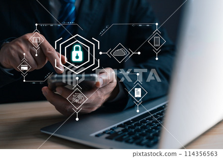 Businessmen protect personal data information from viruses on hand with virtual screen interfaces. Cyber security and privacy protection network security computer and safe data concept. Businessmen protect personal data information from viruses on hand with virtual screen interfaces. Cyber security and privacy protection network security computer and safe data concept. 114356563