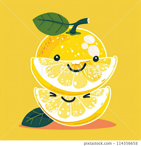 Cute happy smiling cartoon grapefruit, orange or lemon fruit character. Illustration of citrus fruit isolated on yellow background. 114356658