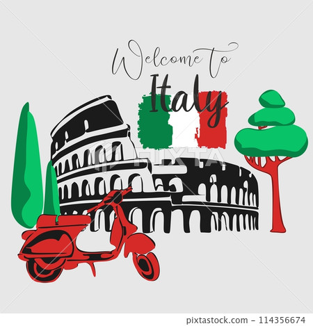 Welcome to Italy. Welcome to Rome. Colosseum and vespa is a symbol of Italy. Sight of Rome. Invitation to travel to Italy, Rome. Welcome to Italy. Welcome to Rome. Colosseum and vespa is a symbol of Italy. Sight of Rome. Invitation to travel to Italy, Rome. 114356674