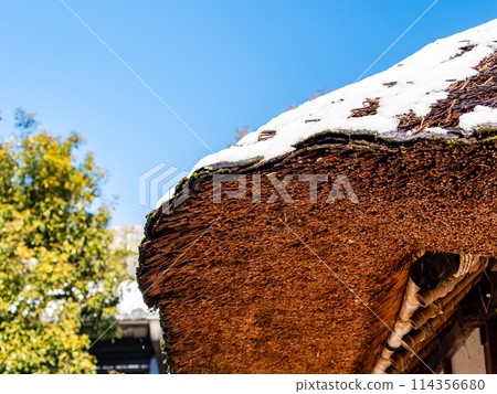 早春景色:殘雪與古民居的茅草屋頂 早春景色:殘雪與古民居的茅草屋頂 114356680
