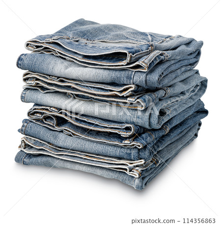 Stack of folded aged blue denim jeans 114356863