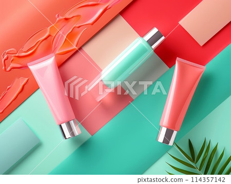 Colourful Bright Cosmetic and Body Care Products Mockup. Luxury Modern Product Presentation. 114357142