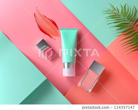 Colourful Bright Cosmetic and Body Care Products Mockup. Luxury Modern Product Presentation. 114357147