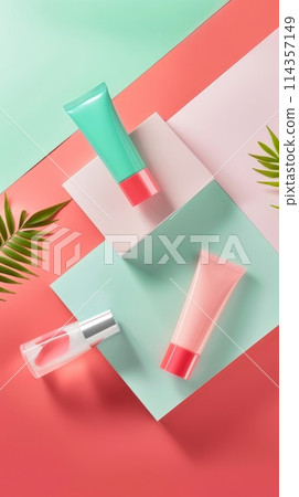 Colourful Bright Cosmetic and Body Care Products Mockup. Luxury Modern Product Presentation. 114357149