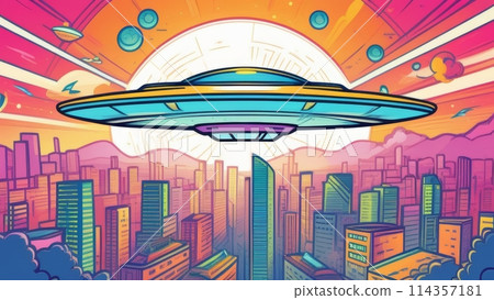 UFO, flying spaceship with rays of light in the sky at sunset, city view,flat bright cartoon illustration 114357181